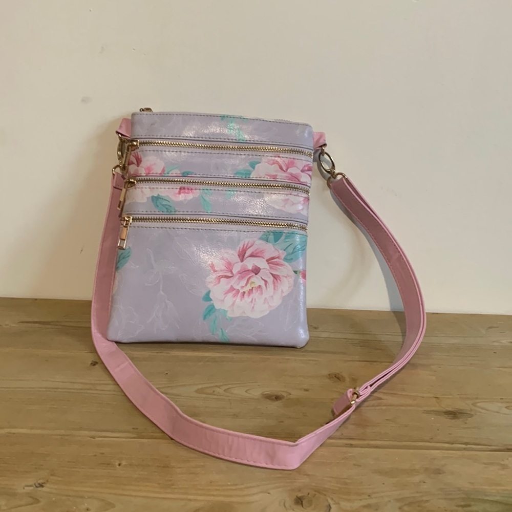 Pink and purple vegan leather Floral crossbody purse